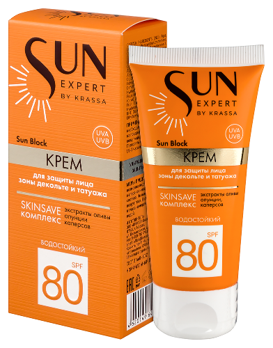 Krassa sun expert крем для защиты лица зоны декольте и татуажа spf80 sun block 50 мл