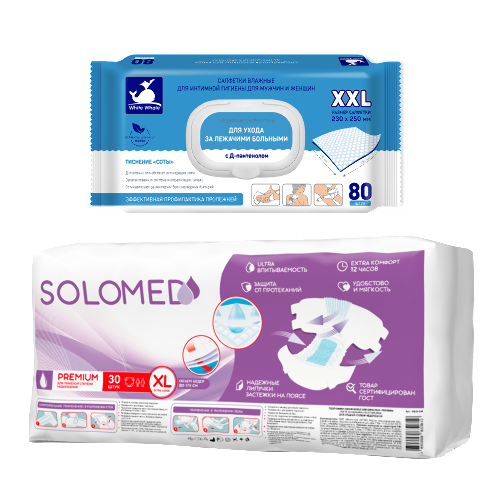 Набор SOLOMED PREMIUM ПОДГУЗНИКИ ДЛЯ ВЗРОСЛЫХ ОДНОРАЗОВЫЕ РАЗМЕР XL N30 + White whale салфетки влаж д/инт гигиены мужчин и женщин с экстрактом каланхоэ N80