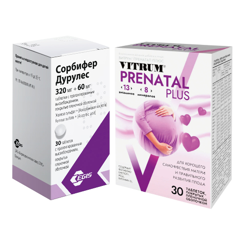 Набор СОРБИФЕР ДУРУЛЕС 0,32+0,06 N30 ТАБЛ ПРОЛОНГ ВЫСВОБ П/ПЛЕН/ОБОЛОЧ+ Витрум пренатал плюс витамины для беременных 30 шт. табл