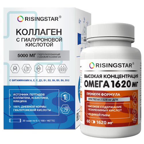Набор RISINGSTAR: КОЛЛАГЕН С ГИАЛУРОНОВОЙ КИСЛОТОЙ 30 саше + ОМЕГА-3 60 капс 1620 мг
