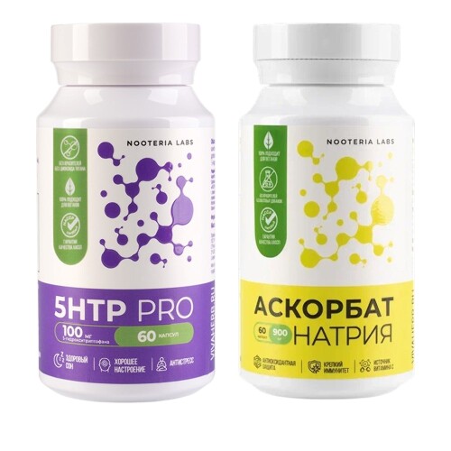 Набор NOOTERIA LABS: 5HTP PRO (5-ГИДРОКСИТРИПТОФАН) N60 капс + АСКОРБАТ НАТРИЯ 900МГ N60 капс, со скидкой
