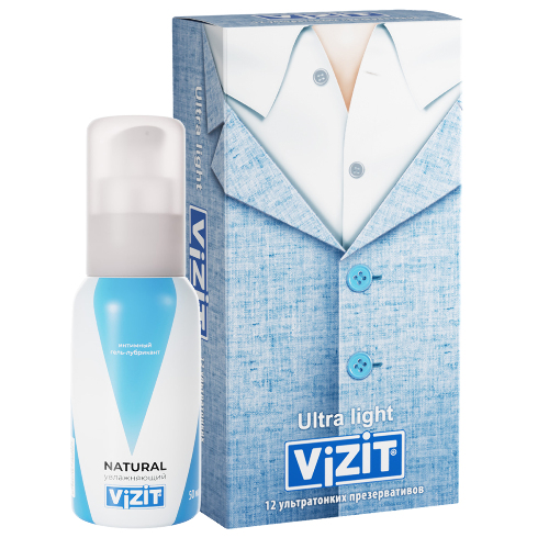Набор Vizit гель-лубрикант Natural увлажняющий 50 мл + Vizit презерватив ultra light ультратонкие 12 шт