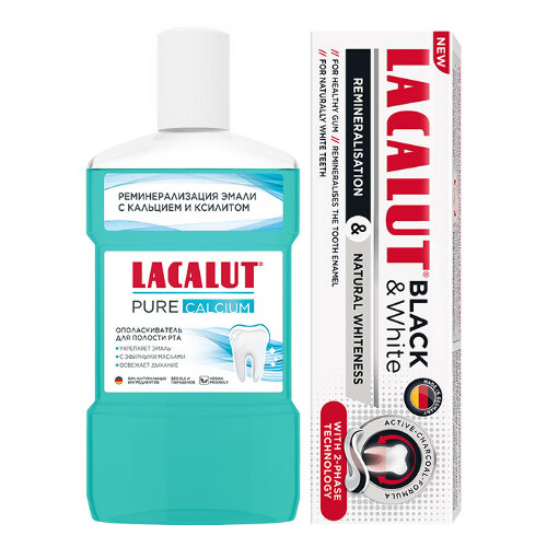 Набор LACALUT: ЗУБНАЯ ПАСТА BLACK&WHITE 75МЛ + PURE CALCIUM ОПОЛАСКИВАТЕЛЬ ДЛЯ ПОЛОСТИ РТА 475МЛ закажи со скидкой