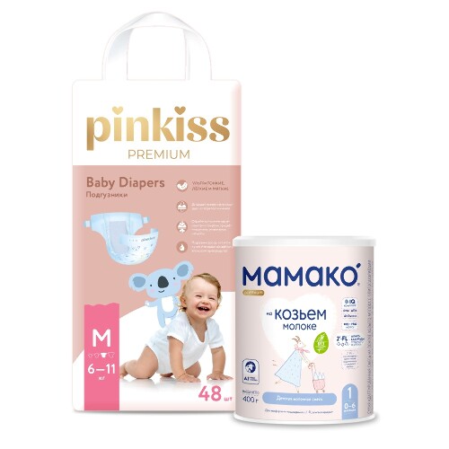 Набор МАМАКО-1 PREMIUM СМЕСЬ СУХ НА КОЗЬЕМ МОЛОКЕ С ОЛИГОСАХАРИДАМИ ГРУДНОГО МОЛОКА 400г + PINKISS PREMIUM ПОДГУЗНИКИ M/6-11 кг/