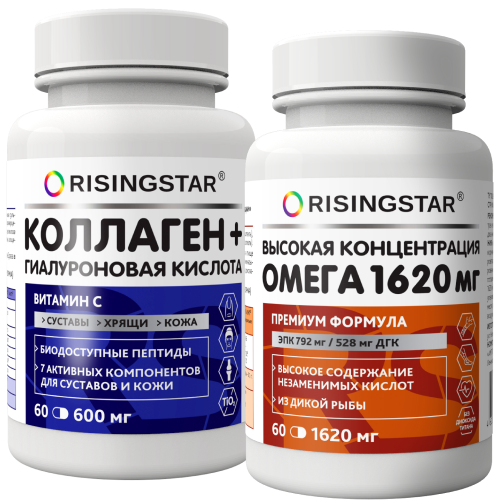 Набор RISINGSTAR: МУМИЕ С КОЛЛАГЕНОМ И ГИАЛУРОНОВОЙ КИСЛОТОЙ 60 капс. + ОМЕГА-3 60 капс