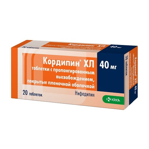 Кордипин хл 40 мг 20 шт. таблетки с пролонгированным высвобождением, покрытые пленочной оболочкой