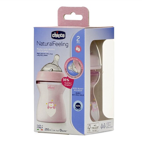 Chicco natural feeling бутылочка полипропиленовая+соска силиконовая с флексорами 2+ 250 мл розовая