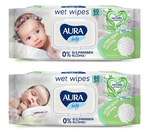 Купить Aura baby салфетки влажные детские с экстрактом ромашки 60 шт. с крышкой цена