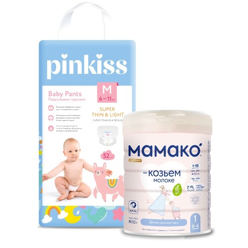 Набор МАМАКО-1 PREMIUM СМЕСЬ СУХ НА КОЗЬЕМ МОЛОКЕ С ОЛИГОСАХАРИДАМИ ГРУДНОГО МОЛОКА 800г + PINKISS ПОДГУЗНИКИ-ТРУСИКИ M/6-11 кг/