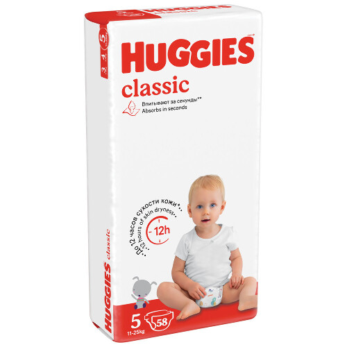 Купить Подгузники Huggies Classic 11-25кг 5 размер 58 шт цена