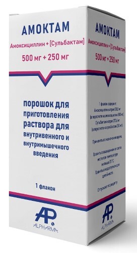 Амоктам порошок для приготовления раствора для внутривенного и внутримышечного введения 500 мг + 250 мг флакон 1 шт.