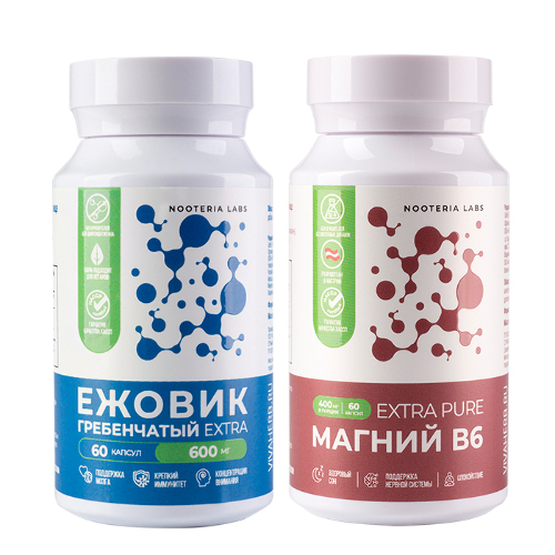 Набор из 1 уп.   NOOTERIA LABS МАГНИЙ В6 EXTRA PURE N60 КАПС ПО 730МГ +1 уп. NOOTERIA LABS ЕЖОВИК ГРЕБЕНЧАТЫЙ EXTRA N60 КАПС ПО