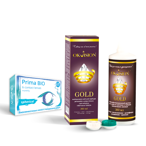 Набор OKVISION PRIMA BIO SPHERICAL 8,6/14,2 N6/-2,50/ мягкие линзы + OKVISION ГОЛД 360 мл р-р д/ухода за линзами