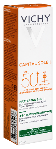 Vichy capital soleil уход матирующий для жирной проблемной кожи 3-в-1 spf50+ 50 мл