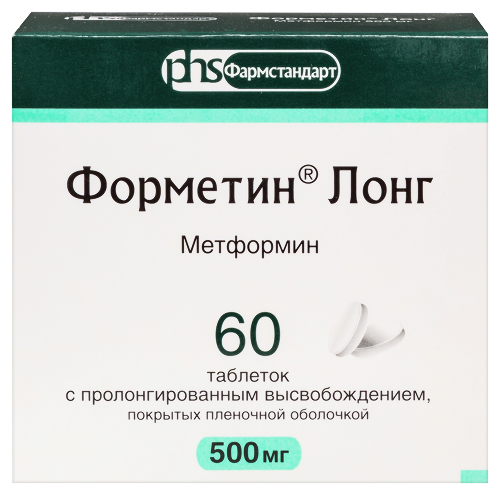 Форметин лонг 500 мг 60 шт. таблетки с пролонгированным высвобождением, покрытые пленочной оболочкой