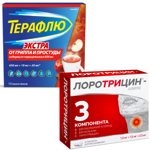 Набор ЛОРОТРИЦИН-АЛИУМ N12 ТАБЛ + Терафлю от гриппа и простуды экстра N10 пак пор/корица/яблоко