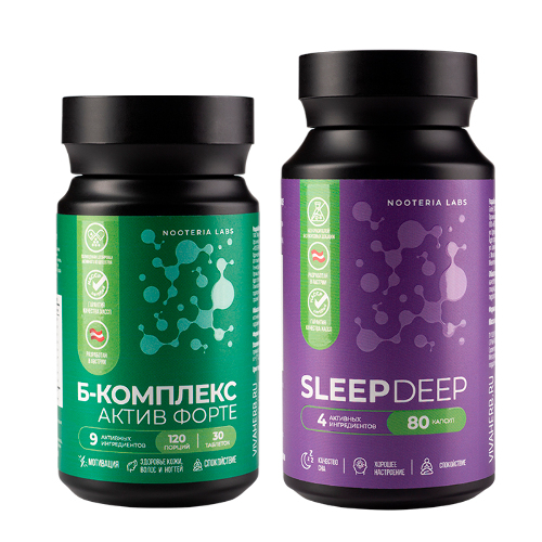 Набор из 1 уп. NOOTERIA LABS Б-КОМПЛЕКС АКТИВ ФОРТЕ N30 ТАБЛ ПО 549МГ+1 уп. NOOTERIA LABS СЛИП ДИП N80 КАПС ПО 740МГ  по специал