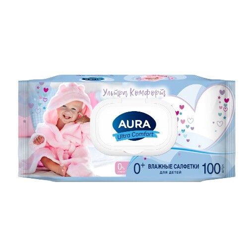 Aura ultra comfort салфетки влажные для детей 0+ 100 шт. с крышкой