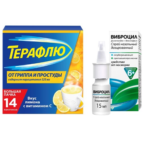 Набор Терафлю от гриппа и простуды N14 пак пор/лимон + Виброцил 35,125мкг+351,25мкг/доза (95 доз) флак спрей со скидкой 15%