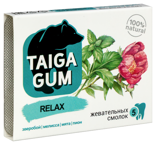Taiga gum смолка жевательная relax из смолы лиственницы сибирской с пчелиным воском дражированная в растительной пудре 5 шт.