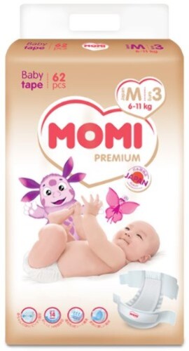 Купить Momi premium подгузники для детей размер m 6-11 кг 62 шт. цена