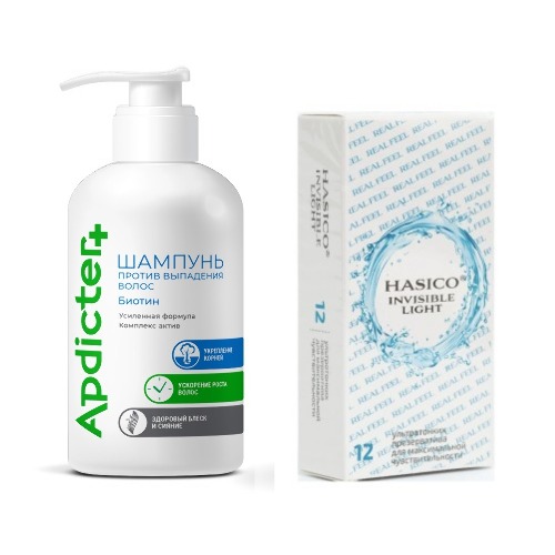 Набор из 2х средств HASICO: ПРЕЗЕРВАТИВЫ HASICO УЛЬТРАТОНКИЕ N12+ шампунь против выпадения волос 250 мл