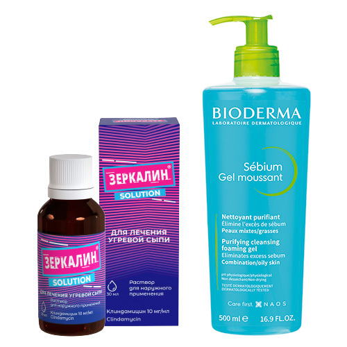 Набор для проблемной кожи: очищение BIODERMA SEBIUM ГЕЛЬ 500 + борьба с несовершенствами ЗЕРКАЛИН