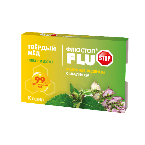 Купить Флюстоп твердый мед медовые леденцы с шалфеем 10 шт. леденцы массой 3 гр цена