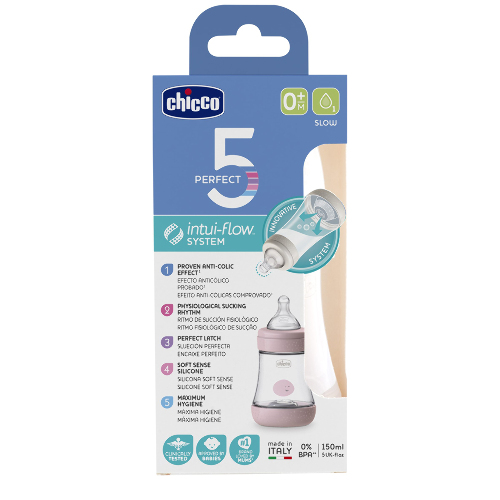 Chicco perfect 5 бутылочка полипропиленовая+соска силиконовая 0+ 150 мл/розовая
