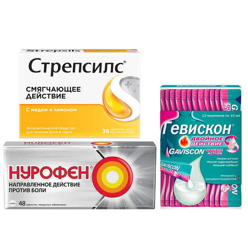 Набор Strepsils с Мёдом и лимоном № 36 + Nurofen тб, покрытые оболочкой, 200 мг (Core) №48 + Gaviscon Двойное действие сусп внут