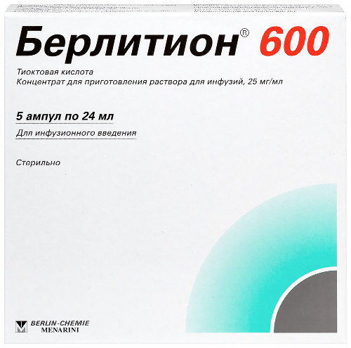 Берлитион 600 25 мг/мл концентрат для приготовления раствора 24 мл ампулы 5 шт.
