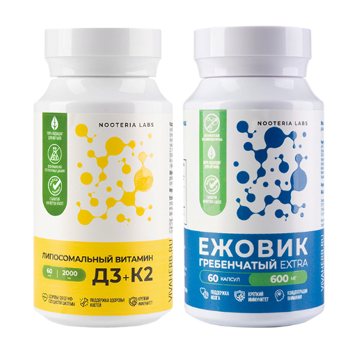 Набор из 1 уп. NOOTERIA LABS ЛИПОСОМАЛЬНЫЙ ВИТАМИН Д3+К2 N60 КАПС ПО 540МГ + 1 уп. NOOTERIA LABS ЕЖОВИК ГРЕБЕНЧАТЫЙ EXTRA N60 КА