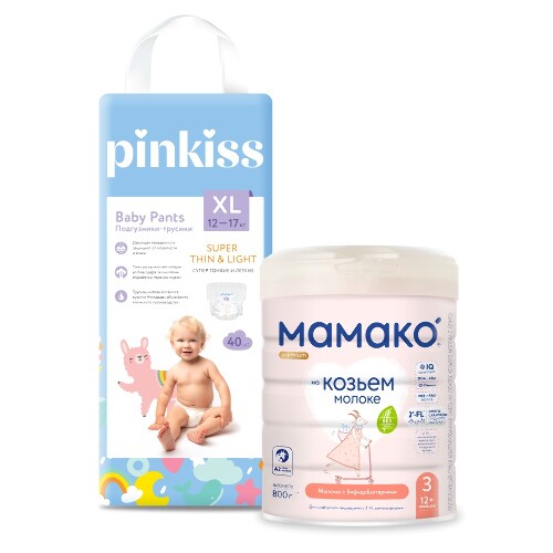 Набор МАМАКО-3 PREMIUM НАПИТОК СУХОЙ НА КОЗЬЕМ МОЛОКЕ С ОЛИГОСАХАРИДАМИ ГРУДНОГО МОЛОКА 800г + PINKISS ПОДГУЗНИКИ-ТРУСИКИ XL/12-
