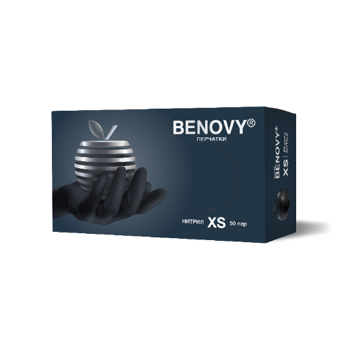 Перчатки смотровые benovy нитриловые нестерильные неопудренные текстурированные на пальцах хлорированные xs 50 пар/черный