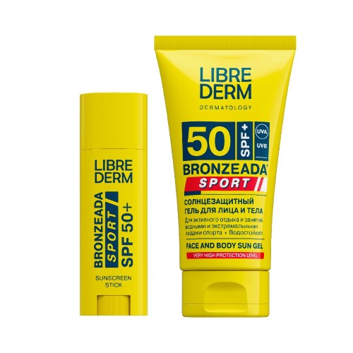 Набор ЛИБРИДЕРМ БРОНЗИАДА: гель солнцезащитный для лица и тела SPF50 150мл + стик для губ и лица солнцезащитный SPF50