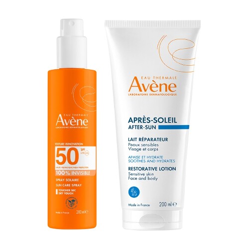 Набор AVENE: СПРЕЙ СОЛНЦЕЗАЩИТ НЕВИДИМЫЙ Д/ЧУВСТВИТ КОЖИ SPF50 200МЛ +  ЛОСЬОН П/ЗАГАРА ВОССТАНАВЛИВАЮЩ 200МЛ