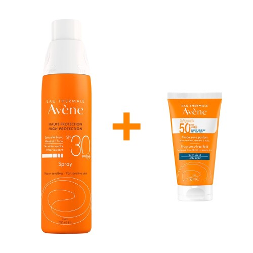 Набор AVENE СПРЕЙ СОЛНЦЕЗАЩИТНЫЙ SPF30 200МЛ + AVENE ФЛЮИД СОЛНЦЕЗАЩИТНЫЙ SPF 50+ БЕЗ ОТДУШЕК 50МЛ