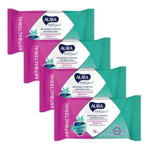 Набор AURA TROPIC COCKTAIL влажные салфетки c антибактериальным эффектом 15шт из 4 упаковок со скидкой 25%
