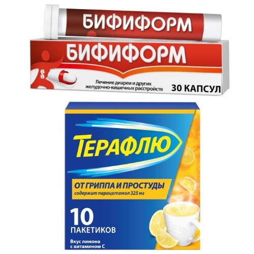 Набор ТЕРАФЛЮ ОТ ГРИППА И ПРОСТУДЫ N10 ПАК ПОР/ЛИМОН + БИФИФОРМ N30 КАПС со скидкой
