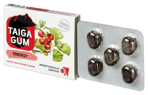 Taiga gum смолка жевательная energy из смолы лиственницы сибирской с пчелиным воском дражированная в растительной пудре 5 шт.