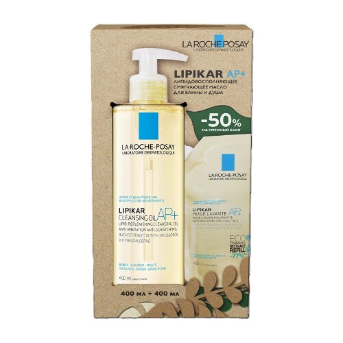 Купить La roche-posay lipikar ap+ липидовосполняющее смягчающее масло для ванны и душа 400 мл+сменный блок 400 мл/набор/коробка цена