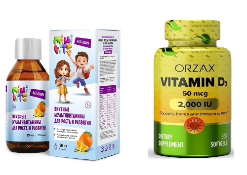 Набор для всей семьи ОРЗАКС Витамин D3 2000 МЕ 360 ШТ. и МИНИВИТС Вкусные мультивитамины для роста и развития 150 мл.
