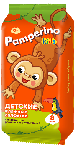 Pamperino kids салфетки влажные детские с экстрактом ромашки и витамином е 8 шт.