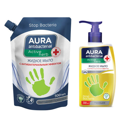 Набор AURA Жидкое мыло для всей семьи с антибактериальным эффектом 300 мл + Жидкое мыло с антибактериальным эффектом 500мл 