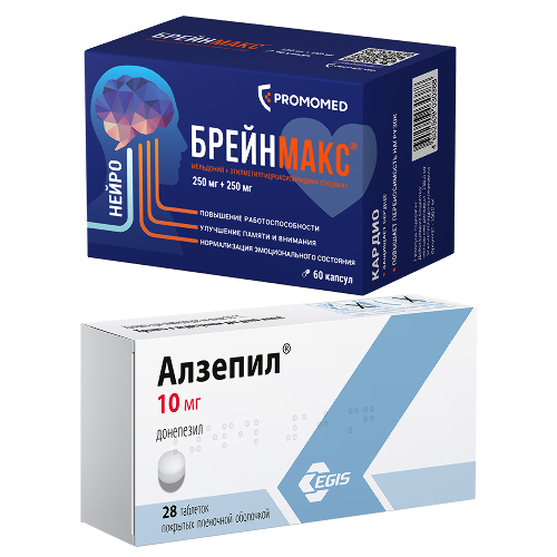 Набор АЛЗЕПИЛ 10 МГ N28 ТАБЛ П/ПЛЕН/ОБОЛОЧ + Брейнмакс 250 мг + 250 мг 60 шт. блистер капсулы