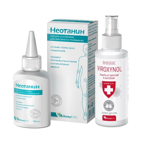 Набор НЕОТАНИН КАЛАМИН ПЛЮС ЛОСЬОН 100МЛ + VIROXYNOL СПРЕЙ ГИГИЕНИЧЕСКИЙ ДЛЯ РУК 100МЛ со скидкой