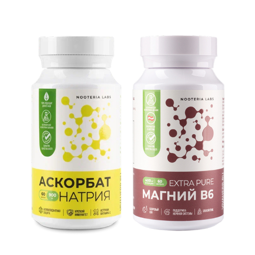 Набор NOOTERIA LABS: АСКОРБАТ НАТРИЯ N60 капс + МАГНИЙ В6 EXTRA PURE N60 капс, со скидкой