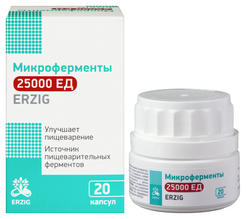 Купить Erzig микроферменты 25000 ЕД 20 шт. капсулы массой 480 мг цена