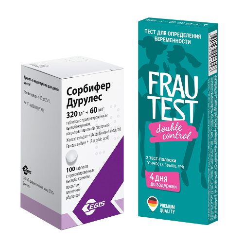 Набор  СОРБИФЕР ДУРУЛЕС 0,32+0,06 N100 ТАБЛ ПРОЛОНГ ВЫСВОБ П/ПЛЕН/ОБОЛОЧ + ТЕСТ-ПОЛОСКА ДЛЯ ОПРЕДЕЛЕНИЯ БЕРЕМЕННОСТИ ЧУВСТВИТЕЛЬ