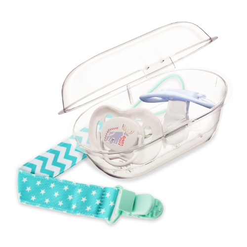 Набор  ROXY-KIDS: соска-пустышка ортодонтическая с футляром-стерилизатором 0-6 мес 2 шт./ rss-001 + держатель для пустышек mint 